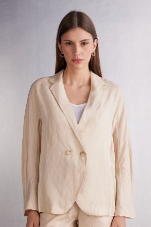 Beige Intimissimi Linen Cloth Double Breasted Women Jacket | qHNffUDB