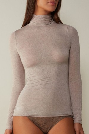 Beige Intimissimi Modal Cashmere Ultralight High-Neck Women Long Sleeve | l9brjDCU