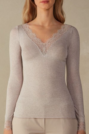 Beige Intimissimi Modal Cashmere Ultralight Long Lace Women Shirt | pKGQfUw1