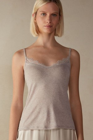 Beige Intimissimi Modal Ultralight Cashmere Blend With Lace Women Tank Top | FZn7lFjx