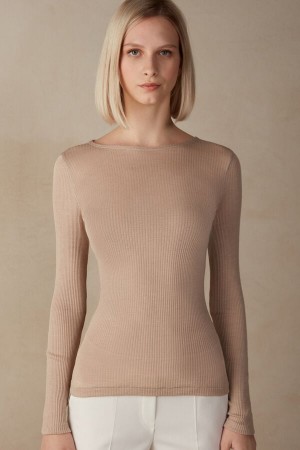 Beige Intimissimi Wide Neck Wool And Silk Women Sweater | FZ6Utbwm