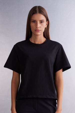 Black Intimissimi Boxy Fit Cotton Women Short Sleeve | BJquUiS6