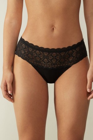 Black Intimissimi Lace And Cotton High Rise Women Panties | aaDs3R0X