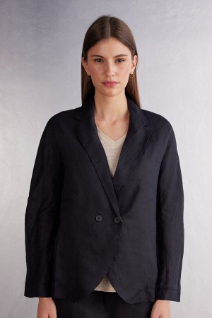 Black Intimissimi Linen Cloth Double Breasted Women Jacket | ouJYQCWF