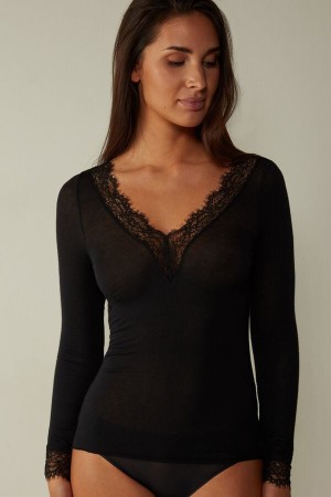 Black Intimissimi Modal Cashmere Ultralight Long Lace Women Shirt | XlfkF2xz