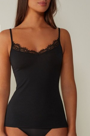 Black Intimissimi Modal Ultralight Cashmere Blend With Lace Women Tank Top | pouiTi42