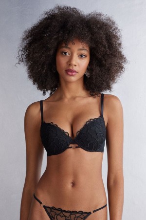 Black Intimissimi Queen Of Hearts Simona Super Push-Up Women Bra | DClnFb9m