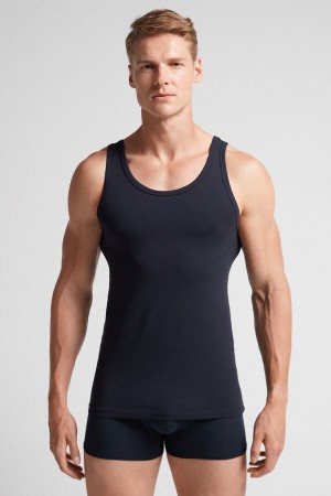 Black Intimissimi Round Neck In Stretch Superior Cotton Men Tank Top | KxpzazKH