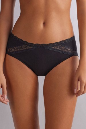 Black Intimissimi Semi-High Rise Cotton And Lace Women Panties | H9oYHolS