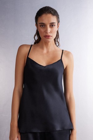 Black Intimissimi Silk Satin With V-Neckline Women Tank Top | 5Nnye4Yp