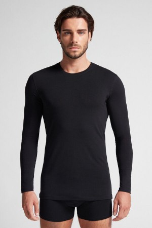 Black Intimissimi Stretch Superior Cotton Men Long Sleeve | HUqaqmWj