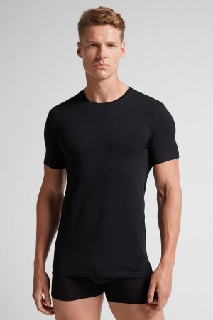 Black Intimissimi Stretch Superior Cotton Men T-Shirt | lW6ZQmnG