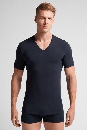 Black Intimissimi Stretch Superior Cotton V-Neck Men T-Shirt | 1ehNjAHD