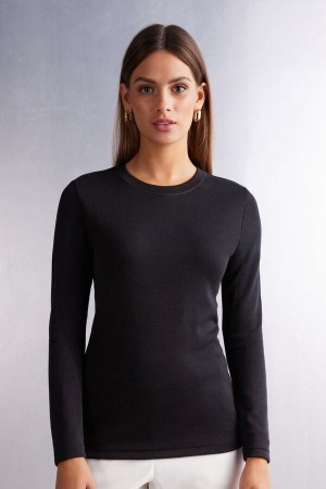 Black Intimissimi Wool Cotton Crewneck Women Sweater | 9ssCFmq0