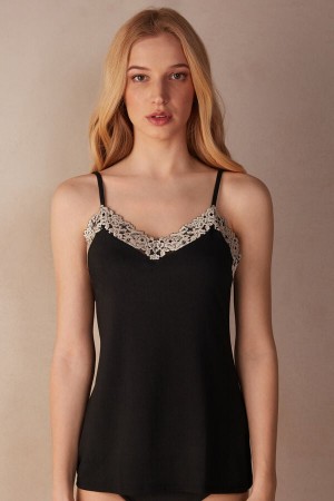 Black / White Intimissimi Pretty Flowers Modal Women Tank Top | nDUfktI9