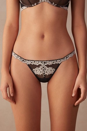 Black / White Intimissimi Pretty Flowers String Women Thong | hnABySuG