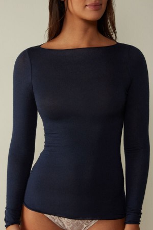 Blue Intimissimi Boat Neck Modal Cashmere Ultralight Women Long Sleeve | qs1RSsl4