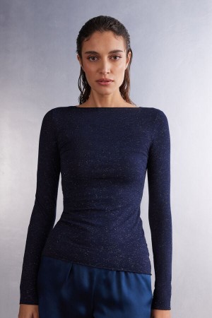 Blue Intimissimi Crewneck In Modal Light With Cashmere Lamé Women Sweater | 44bJNhs6