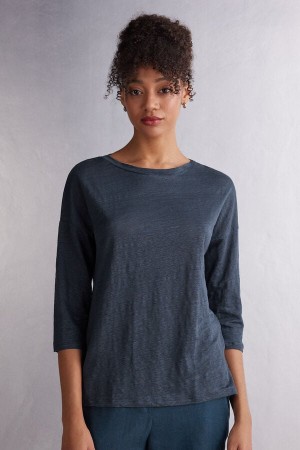 Blue Intimissimi Linen Bateau Neck Women Long Sleeve | zDZQTQcR