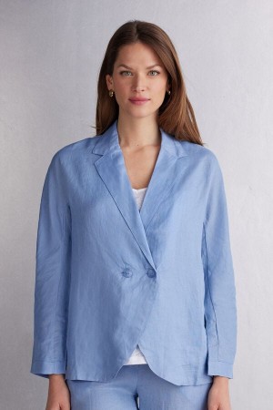 Blue Intimissimi Linen Cloth Double Breasted Women Jacket | zIHhGrUv