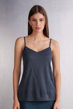 Blue Intimissimi Linen V-Neck Women Tank Top | DglAka1e