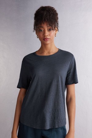 Blue Intimissimi Linen Women Short Sleeve | hnJDzWD6