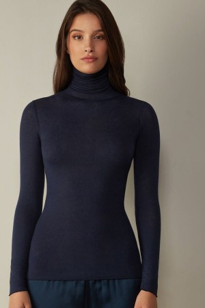 Blue Intimissimi Modal Cashmere Ultralight High-Neck Women Long Sleeve | w05D4Ikn