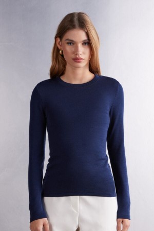 Blue Intimissimi Wool Cotton Crewneck Women Sweater | BSo3yB52