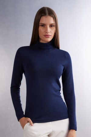 Blue Intimissimi Wool Cotton High Collar Women Long Sleeve | ZBtuJAA8