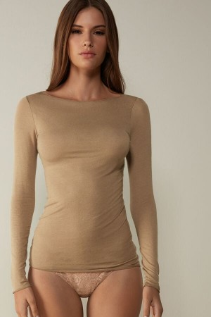 Brown Intimissimi Boat Neck Modal Cashmere Ultralight Women Long Sleeve | pggiuIBl