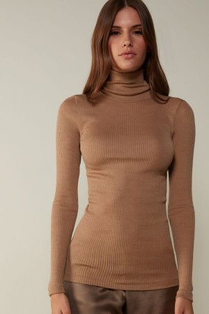 Brown Intimissimi High-Neck Tubular In Wool And Silk Women Sweater | 4HbKJ0Wq