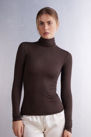 Brown Intimissimi Modal Cashmere Ultralight High-Neck Women Long Sleeve | FfnYXw1N