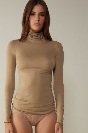 Brown Intimissimi Modal Cashmere Ultralight High-Neck Women Long Sleeve | TqzCqtUU