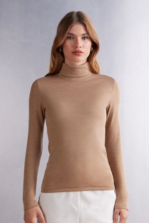 Brown Intimissimi Wool Cotton High Collar Women Long Sleeve | j5nTUY6F