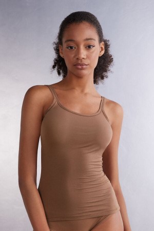 Dark Beige Intimissimi Ultralight Cotton Women Tank Top | Av14D2Dk