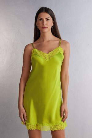 Green Intimissimi Silk Slip With Lace Insert Detail Women Pajamas | Ui1rQD1c