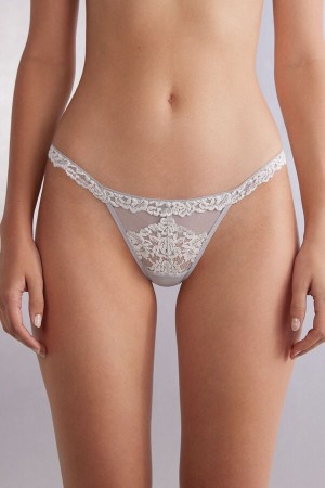 Grey Intimissimi Pretty Flowers String Women Thong | brA74DiQ