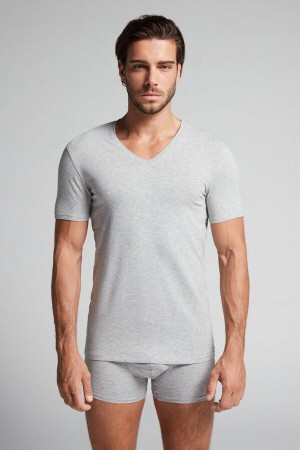 Light Grey Intimissimi Stretch Superior Cotton V-Neck Men T-Shirt | w5Kx0ogJ