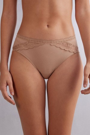 Orange Beige Intimissimi Semi-High Rise Cotton And Lace Women Panties | fz1TScXN