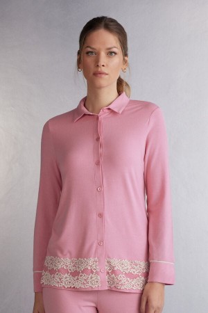 Pink / White Intimissimi Pretty Flowers Button Up In Modal Women Shirt | DWl0RYHv