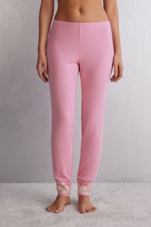 Pink / White Intimissimi Pretty Flowers Full Length Cuffed Modal Women Pants | 7QohyUwB