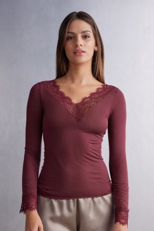 Red Intimissimi Modal Cashmere Ultralight Long Lace Women Shirt | qRimXUJ4