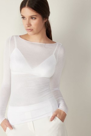 White Intimissimi Boat Neck Modal Cashmere Ultralight Women Long Sleeve | Cm2Xlgw3