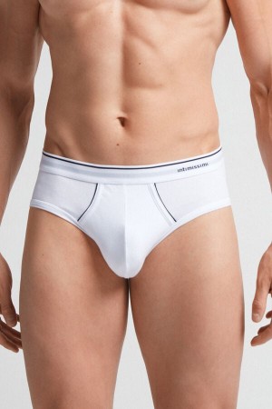 White / Blue Intimissimi Superior Cotton Exposed Elastic Men Briefs | xKq2tlhj