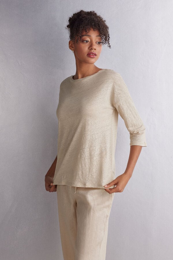 Beige Intimissimi Linen Bateau Neck Women Long Sleeve | 22vUR0mU