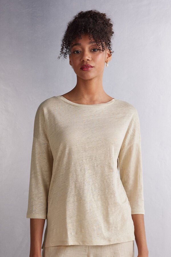 Beige Intimissimi Linen Bateau Neck Women Long Sleeve | 22vUR0mU