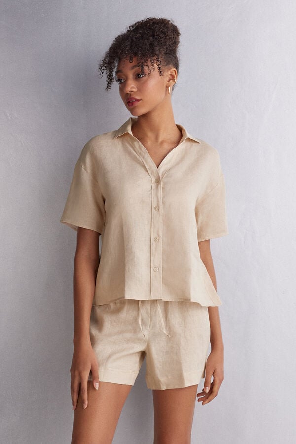 Beige Intimissimi Linen Cloth Women Short Sleeve | 6GK4kcDB