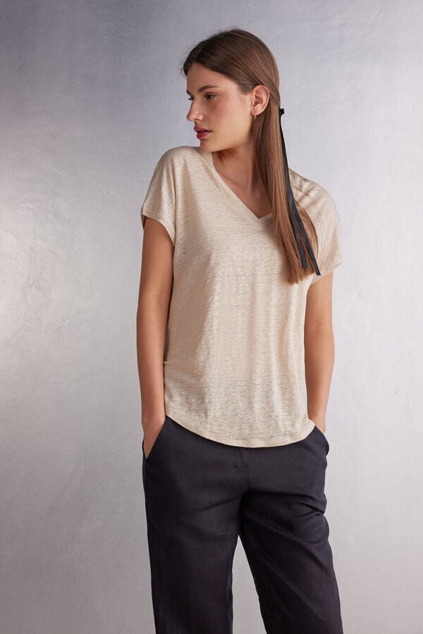 Beige Intimissimi Linen V-Neck Women Short Sleeve | DFjlSe9z