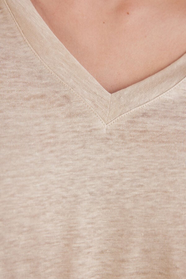 Beige Intimissimi Linen V-Neck Women Short Sleeve | DFjlSe9z