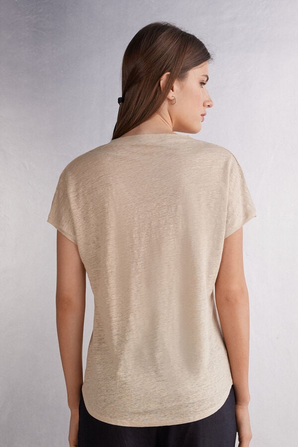 Beige Intimissimi Linen V-Neck Women Short Sleeve | DFjlSe9z